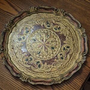Florentia Decorative Craft WOOD Brass-Toned Round Tray from ITALY.